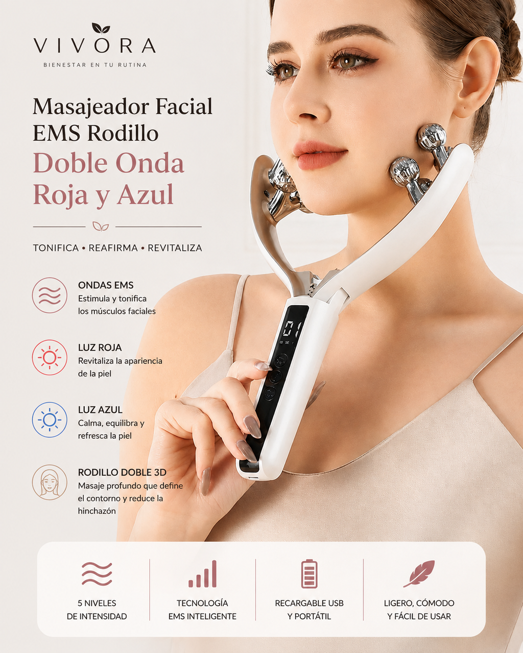 Mujer usando el masajeador facial EMS de Vivora