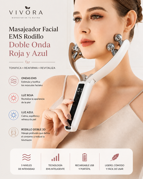 Mujer usando el masajeador facial EMS de Vivora