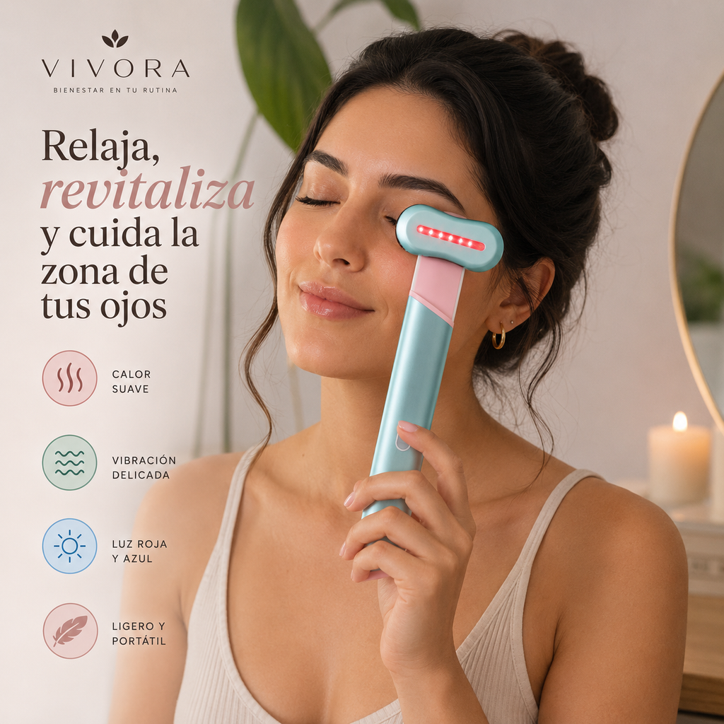 Mujer usando el masajeador eléctrico de ojos Vivora